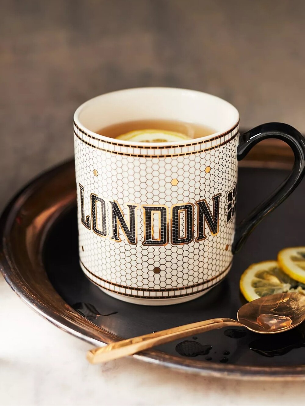 Anthropologie Bistro Tile Stoneware 24k Gold Accent Jetsetter Mug London